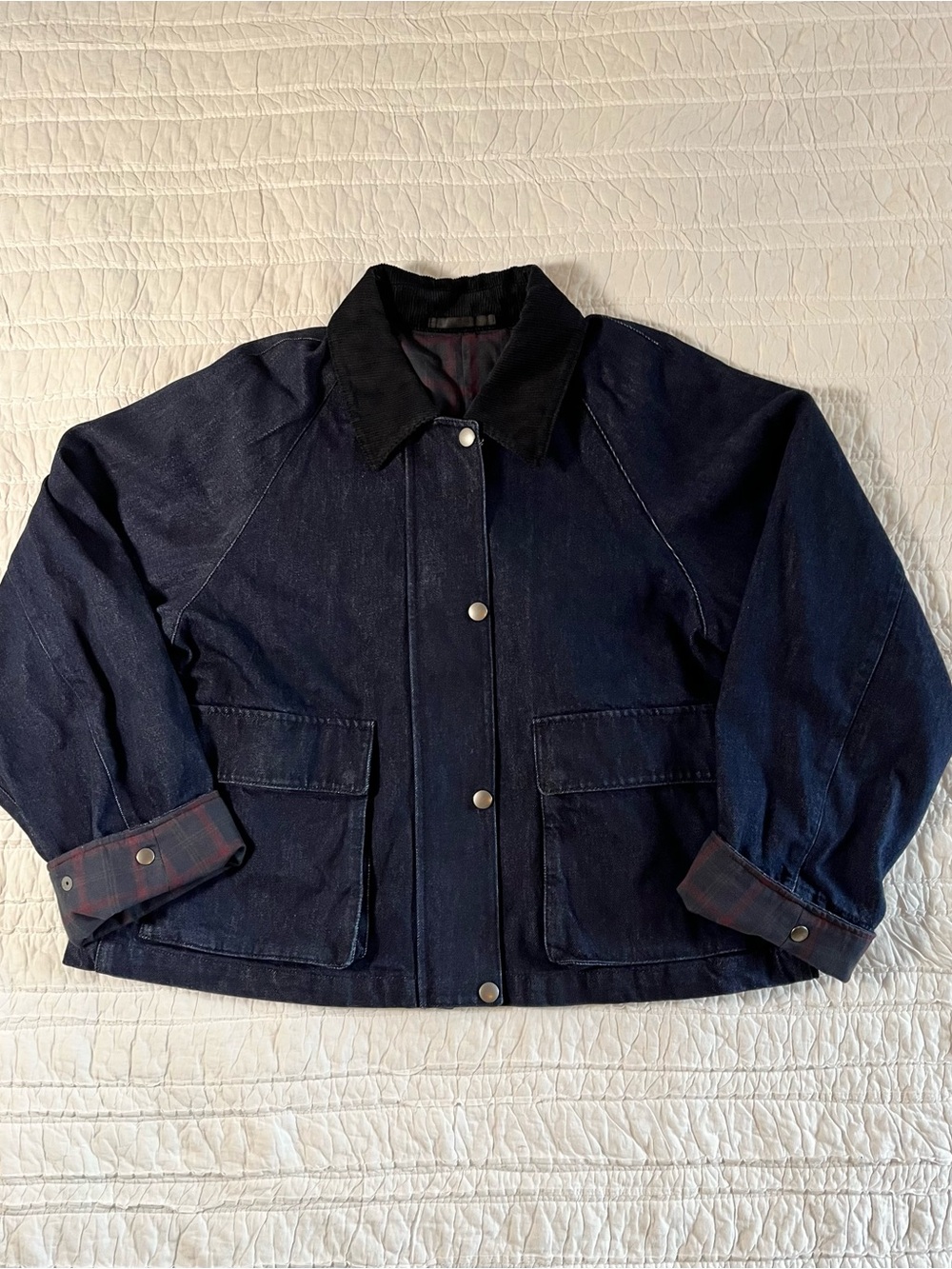 UNIQLO Denim Utility Barn Jacket with Plaid Lining - S